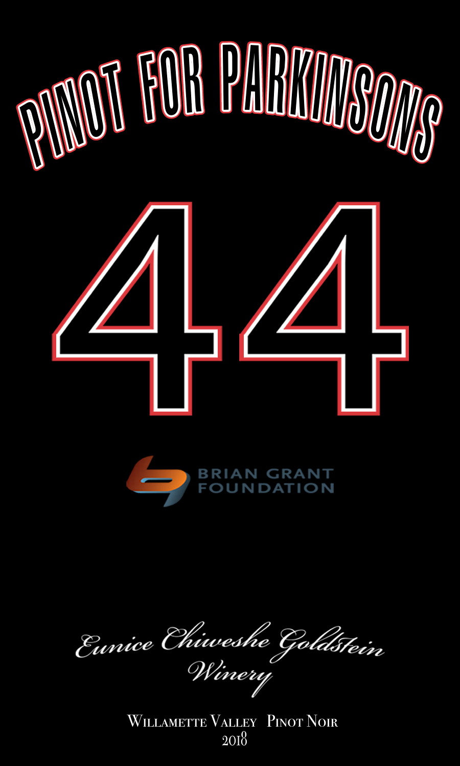 The Brian Grant Foundation & Eunice Chiweshe Goldstein Winery are honored to bring you Pinot For Parkinson’s! Willamette Valley Pinot Noir 2018 750 mL The Brian Grant Foundation & Eunice Chiweshe Goldstein Winery are honored to bring you Pinot For Parkinson’s! Willamette Valley Pinot Noir 2018 750 mL